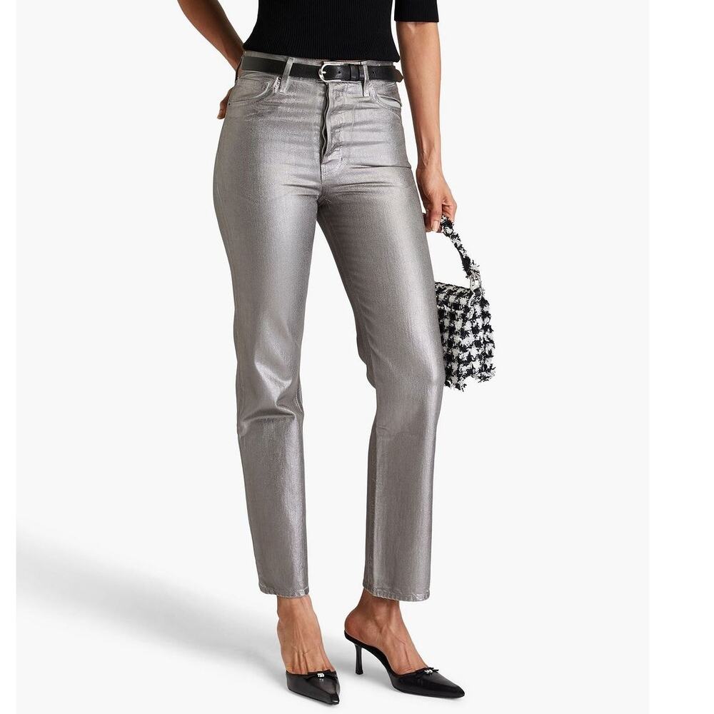 Veronica Beard Daniela Straight-Leg Metallic Jeans Light Gunmetal Size 26 NWOT